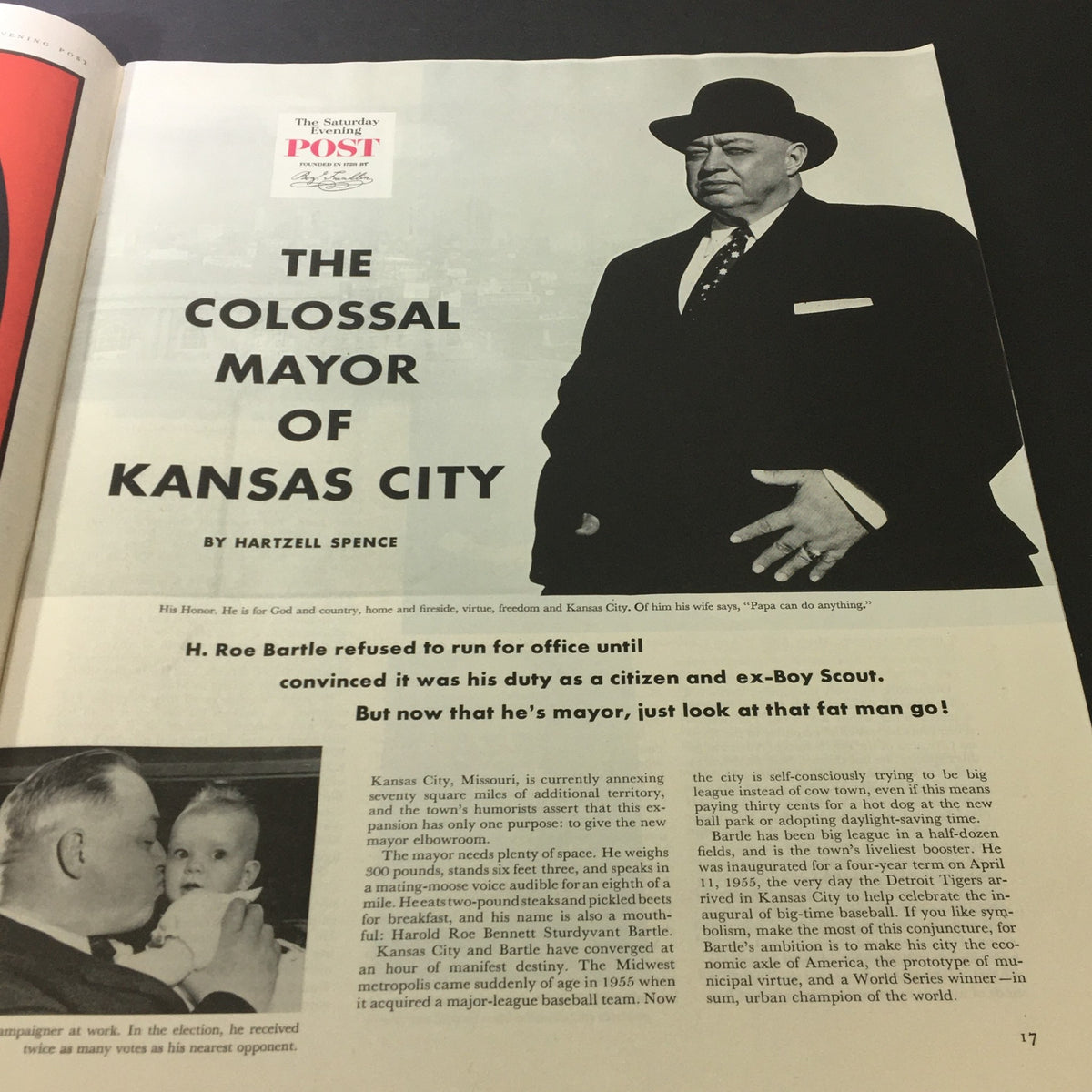 Feature article titled 'The Colossal Mayor of Kansas City' from VTG The Saturday Evening Post January 28 1956, discussing the life of H. Roe Bartle.