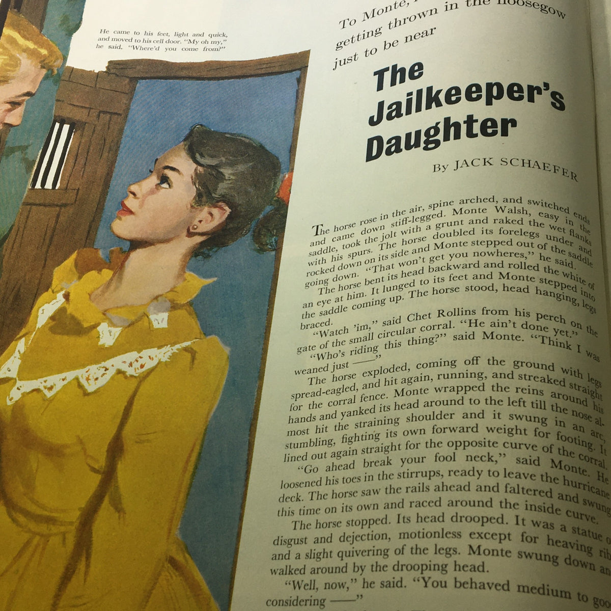 Illustration from The Saturday Evening Post January 28, 1956, depicting a scene from the story 'The Jailkeeper's Daughter' by Jack Schaefer, featuring a young woman in a yellow dress and a man.