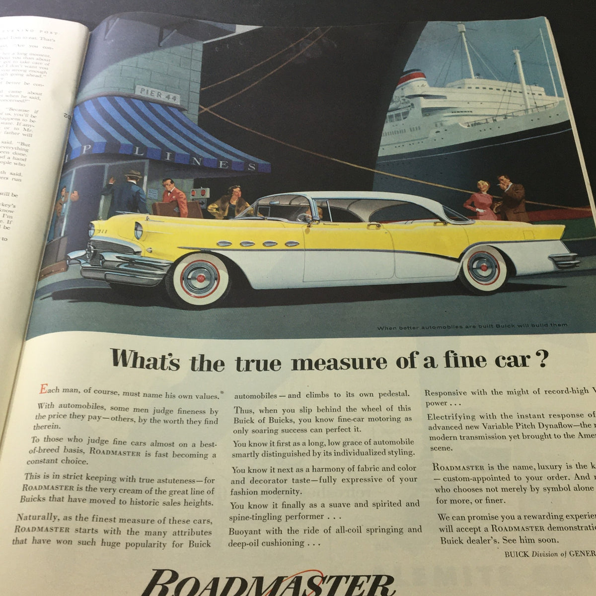 Vintage advertisement from The Saturday Evening Post January 28, 1956, featuring a Buick Roadmaster car near a dock, promoting the car's luxurious features.