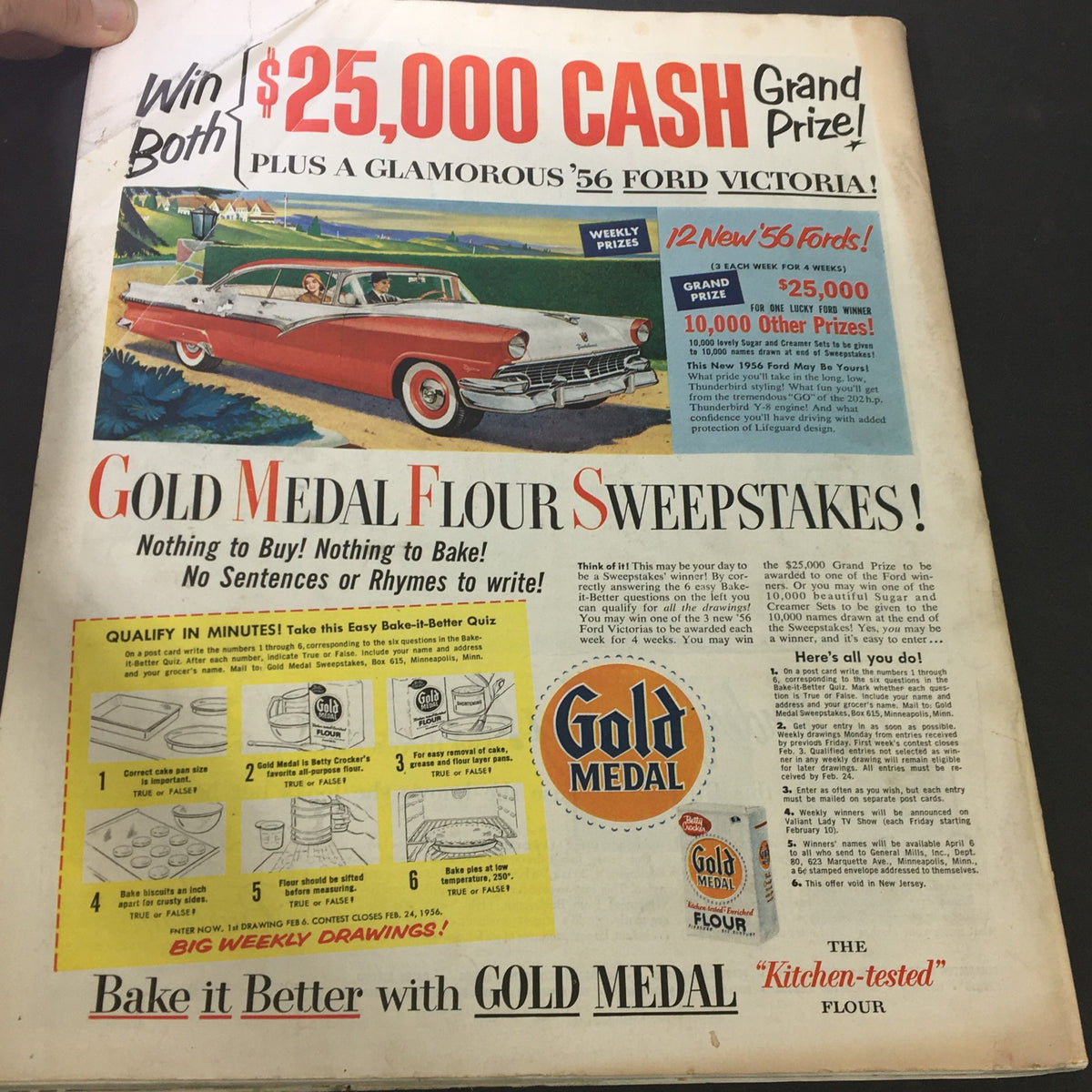Promotional page from The Saturday Evening Post January 28, 1956, advertising a Gold Medal Flour sweepstakes with an eye-catching image of a classic car and details of the contest.