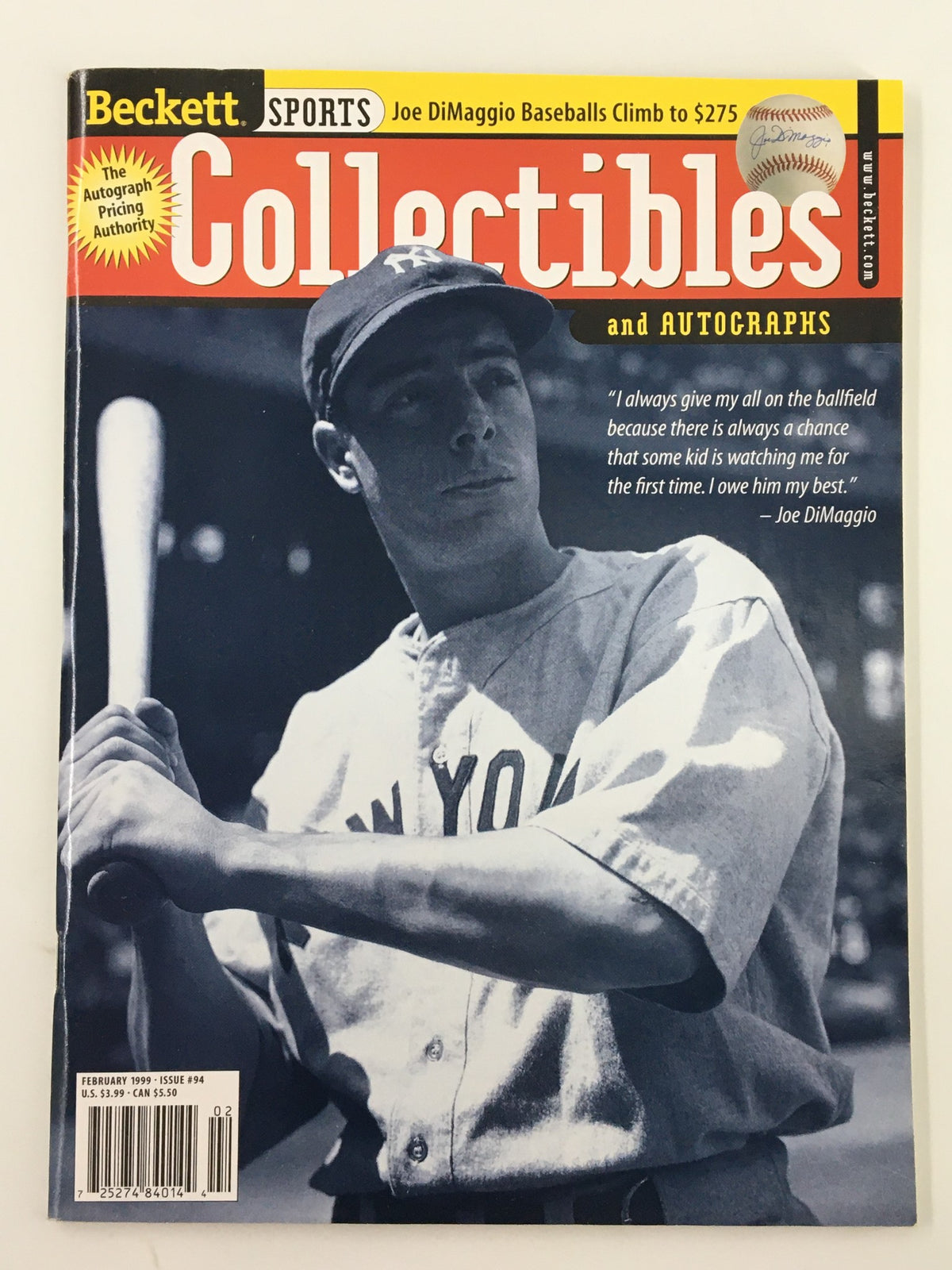 Beckett Sports Collectibles & Autographs February 1999 Issue #94 featuring Joe DiMaggio on the cover, showcasing vintage sports memorabilia.