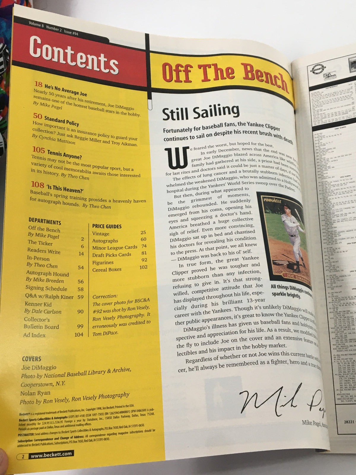 Contents page of Beckett Sports Collectibles & Autographs February 1999 Issue #94, highlighting articles including Joe DiMaggio and sports collectibles.