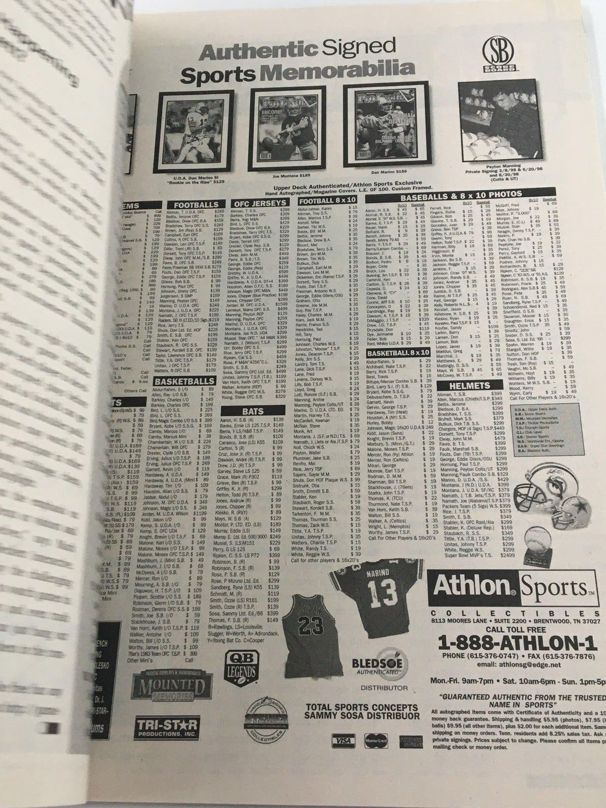 Authentic signed sports memorabilia advertisement from Beckett Sports Collectibles & Autographs February 1999 Issue #94, featuring various sports items.