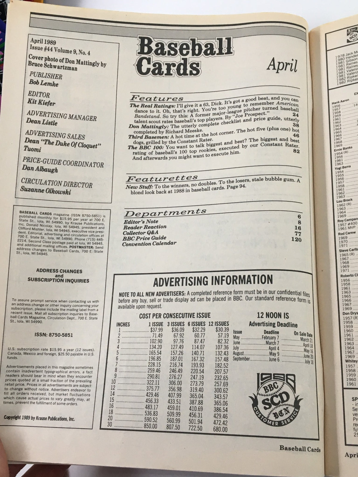 Inside page of VTG Baseball Cards Magazine April 1989, featuring advertising information and a list of magazine sections, showcasing Don Mattingly and Gary Sheffield on the cover.