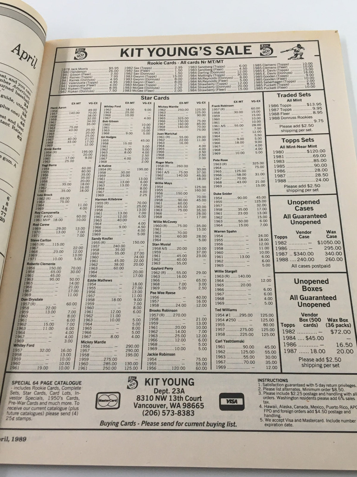 Page from VTG Baseball Cards Magazine April 1989 displaying Kit Young's Sale of collectible baseball cards, highlighting prices for rookies and star players.