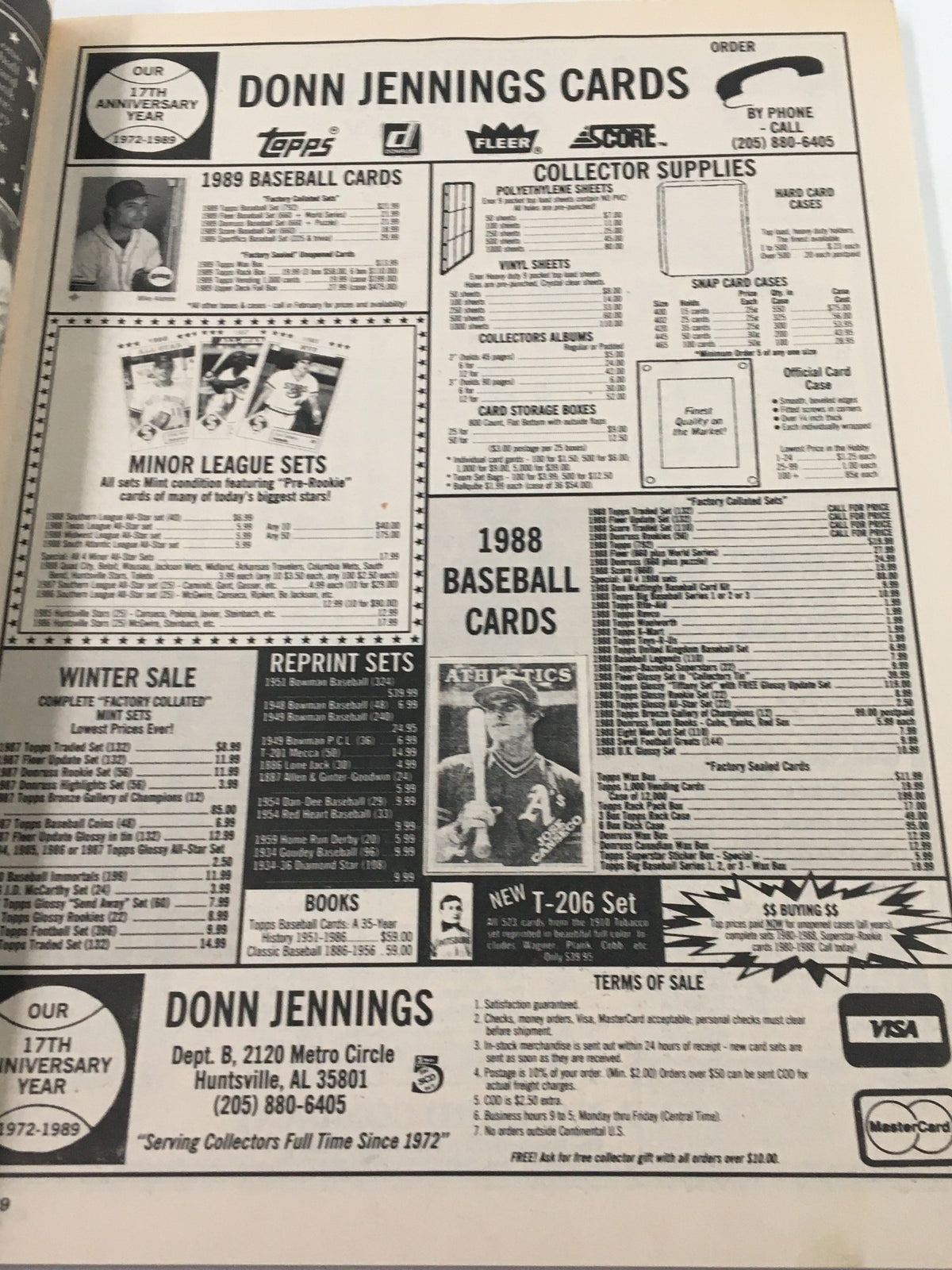 Advertisement page from VTG Baseball Cards Magazine April 1989 for Donn Jennings Cards, featuring baseball card supplies and minor league sets for collectors.