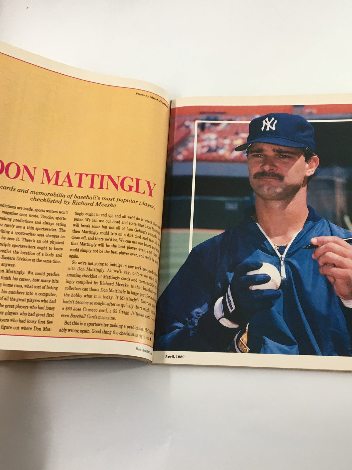 Article page featuring Don Mattingly from VTG Baseball Cards Magazine April 1989, showcasing insights into his career and memorabilia.