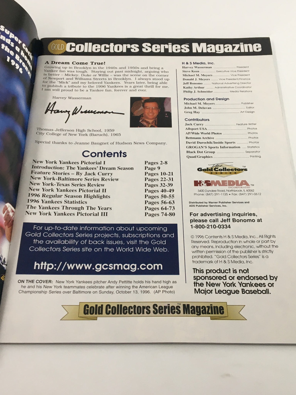 Inside view of the 1996 Gold Collectors Series Magazine featuring a signature by Harry Wasserman and contents list. Perfect for Derek Jeter and Gerald Williams fans.
