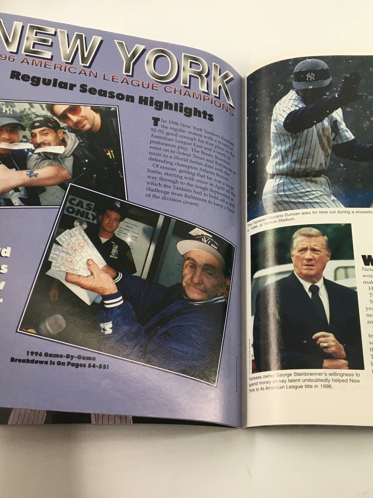 Regular season highlights page from the 1996 Gold Collectors Series Magazine showcasing key moments and Yankees figures during the season.