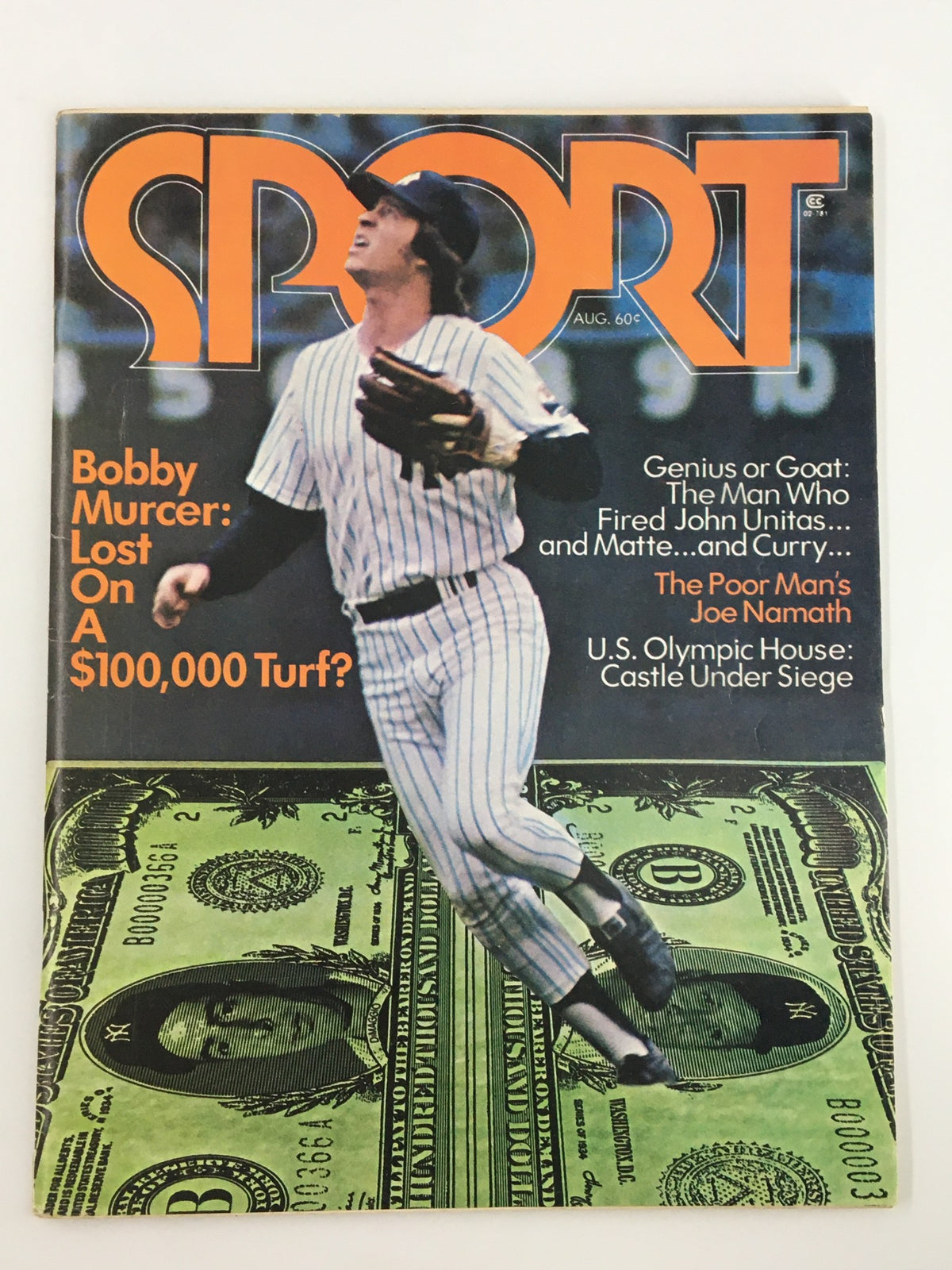 Cover of VTG Sport Magazine August 1973 featuring Bobby Murcer, showcasing him in a baseball uniform with the headline 'Bobby Murcer: Lost On A $100,000 Turf?' and a background of dollar bills.