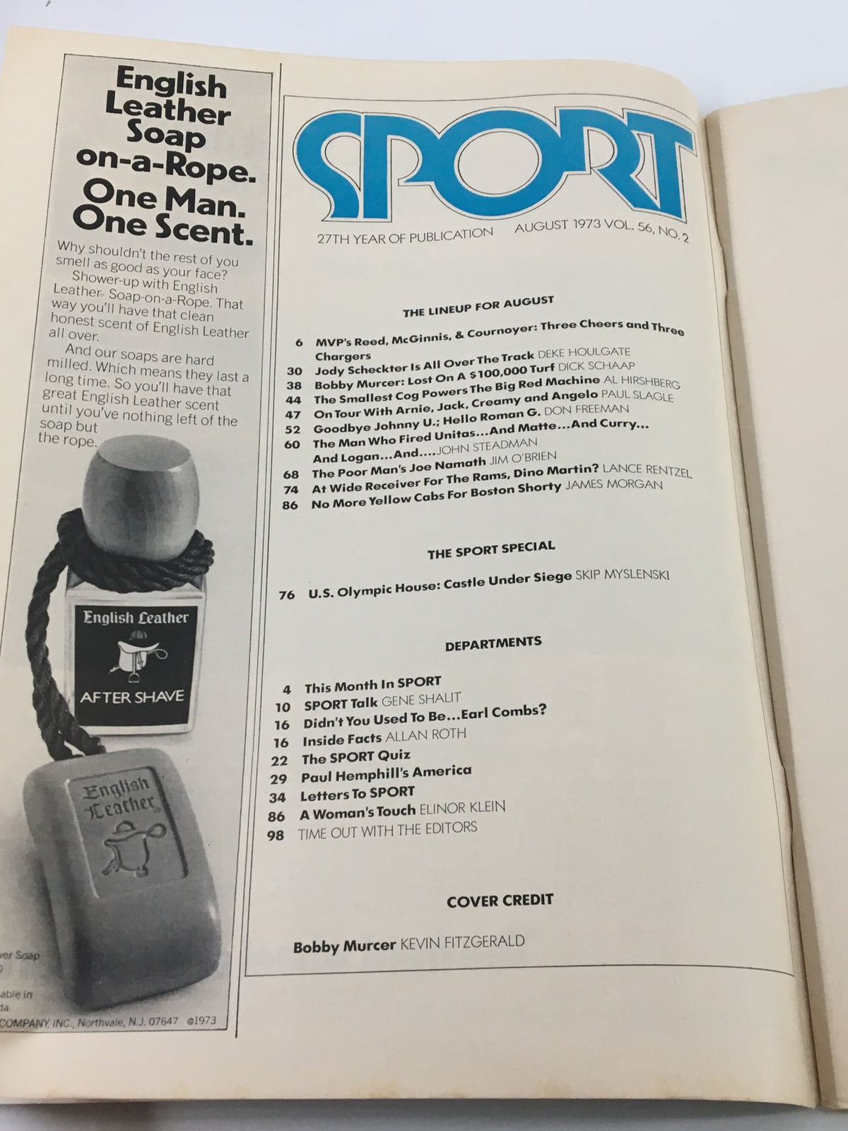 Inside page of VTG Sport Magazine August 1973 displaying the contents list, promoting articles about Bobby Murcer, John Unitas, and Joe Namath, along with an advertisement for English Leather soap.