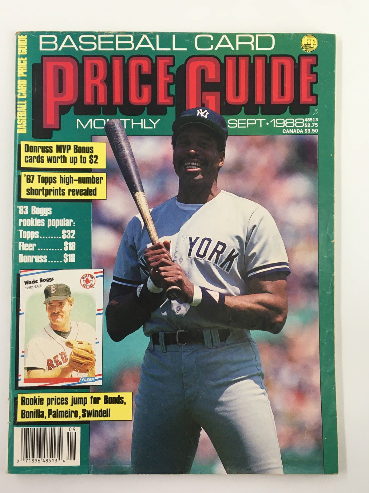 Cover of the September 1988 Baseball Card Price Guide Monthly featuring Wade Boggs, highlighting baseball memorabilia, card values, and vintage collectibles.