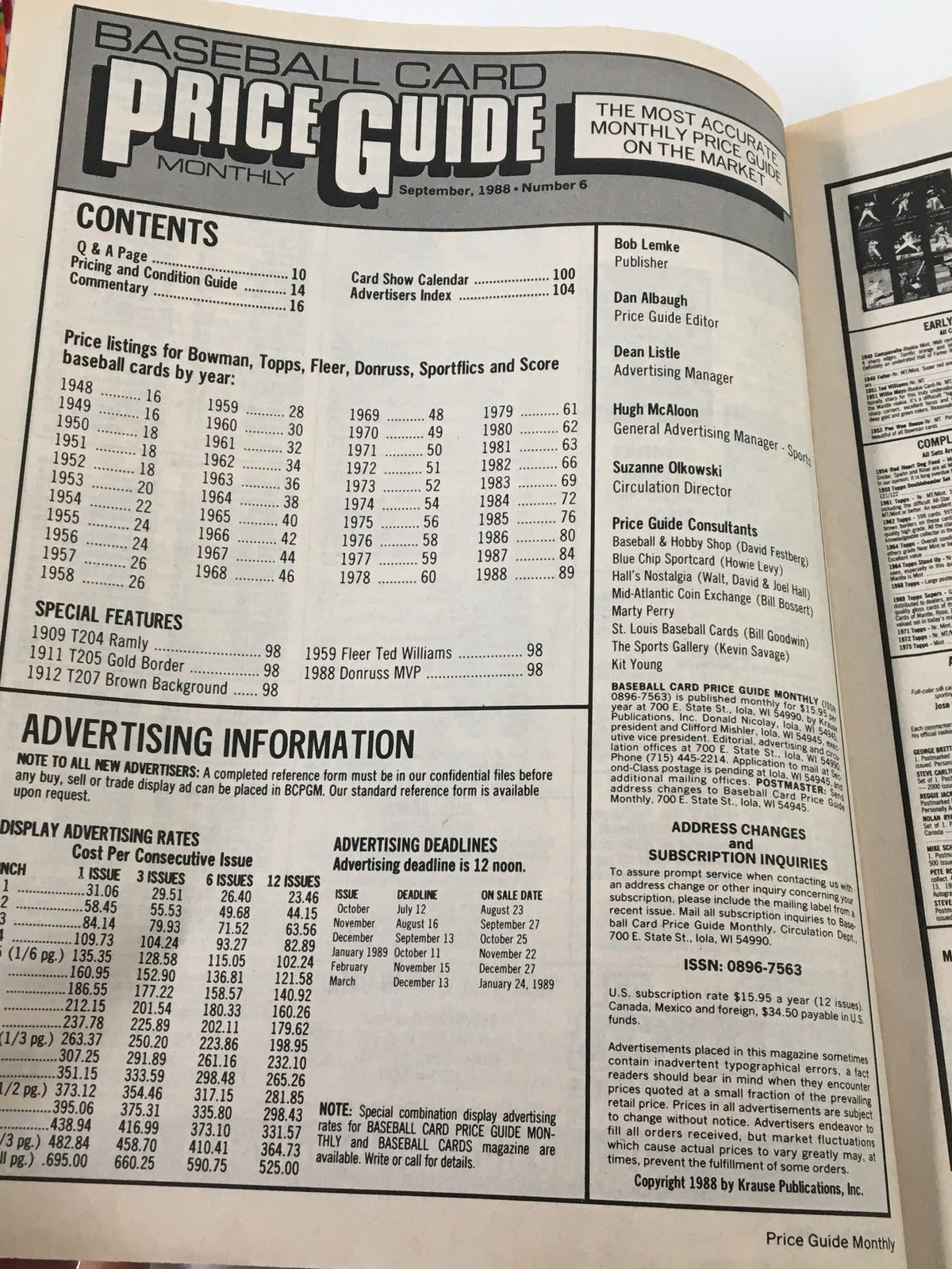 Baseball Card Price Guide Monthly September 1988, Contents page highlighting pricing information for various baseball cards and additional magazine features.