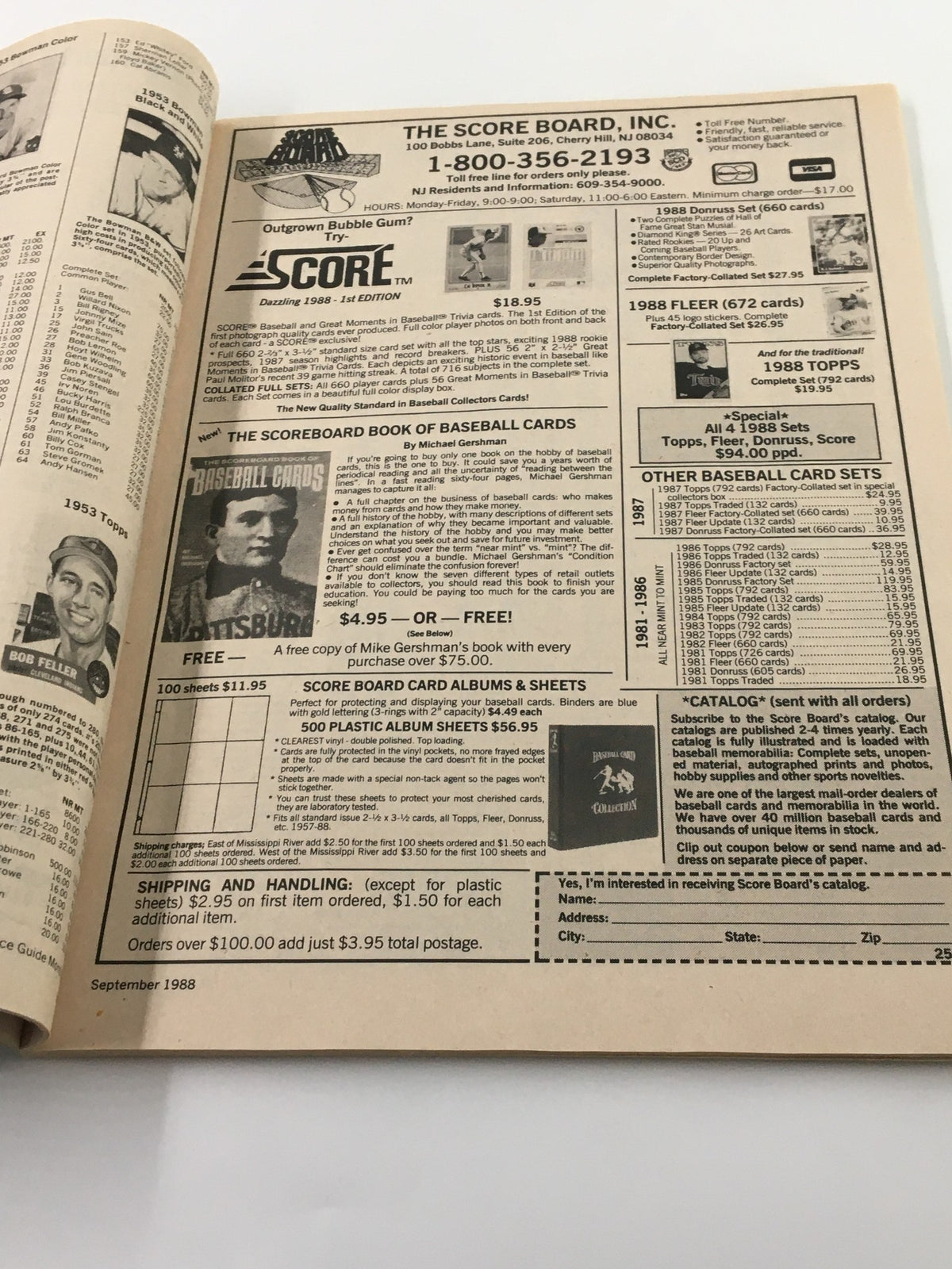 Baseball Card Price Guide Monthly September 1988, page displaying advertisements for baseball card products and collectibles.