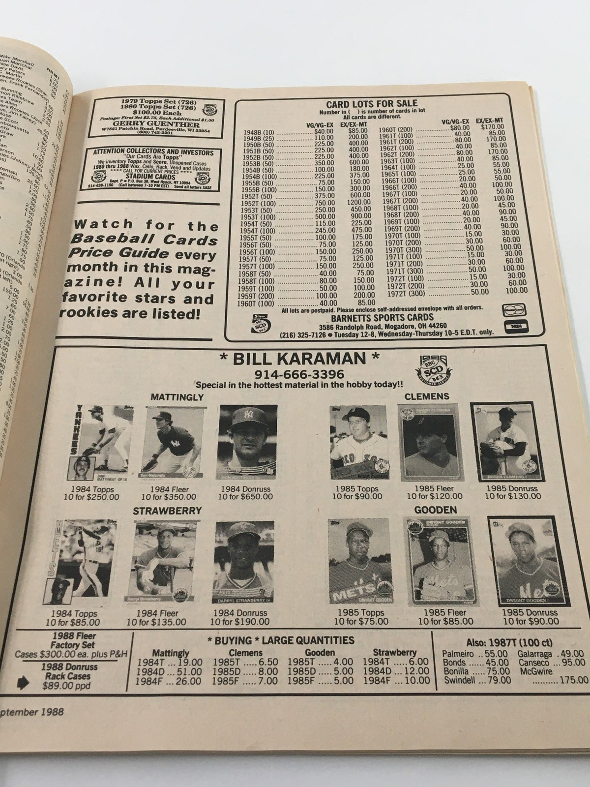 Baseball Card Price Guide Monthly September 1988, page advertising various card lots for sale, including pricing and card details.