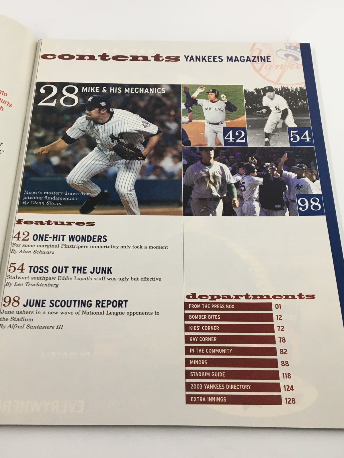 Table of contents page from Yankees Magazine June 2003, featuring an overview of articles including Mike Moustakas and one-hit wonders.