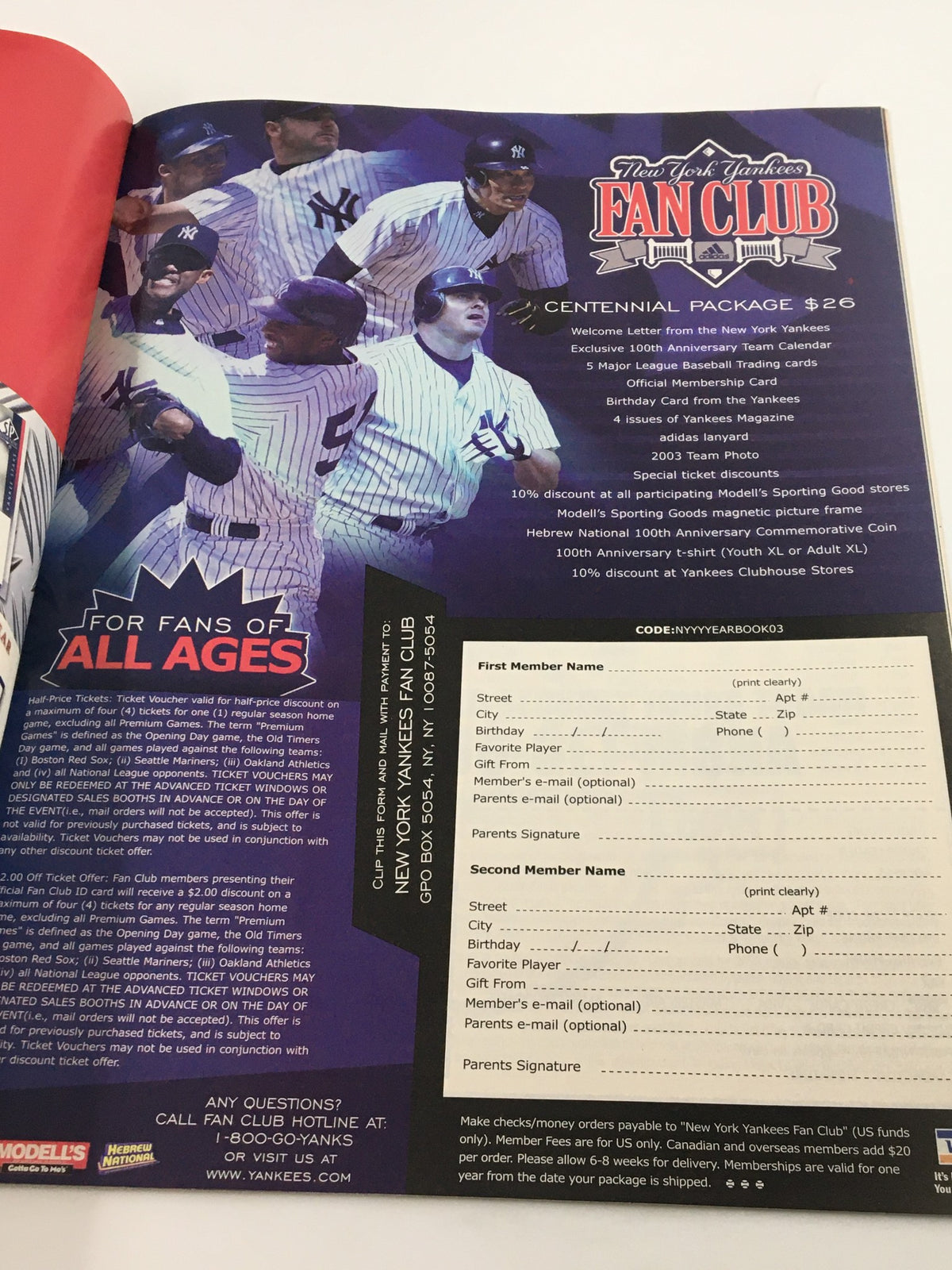 Yankees Magazine June 2003 promotional page for the New York Yankees Fan Club featuring multiple players in Yankees uniforms.