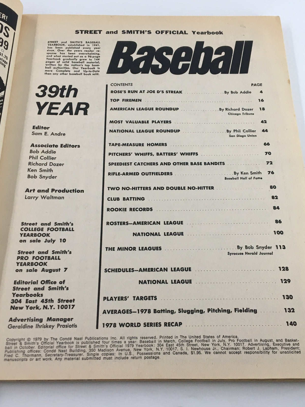 Interior page of Street & Smith's Official 1979 Yearbook Baseball showing the table of contents with notable articles and features from the issue.