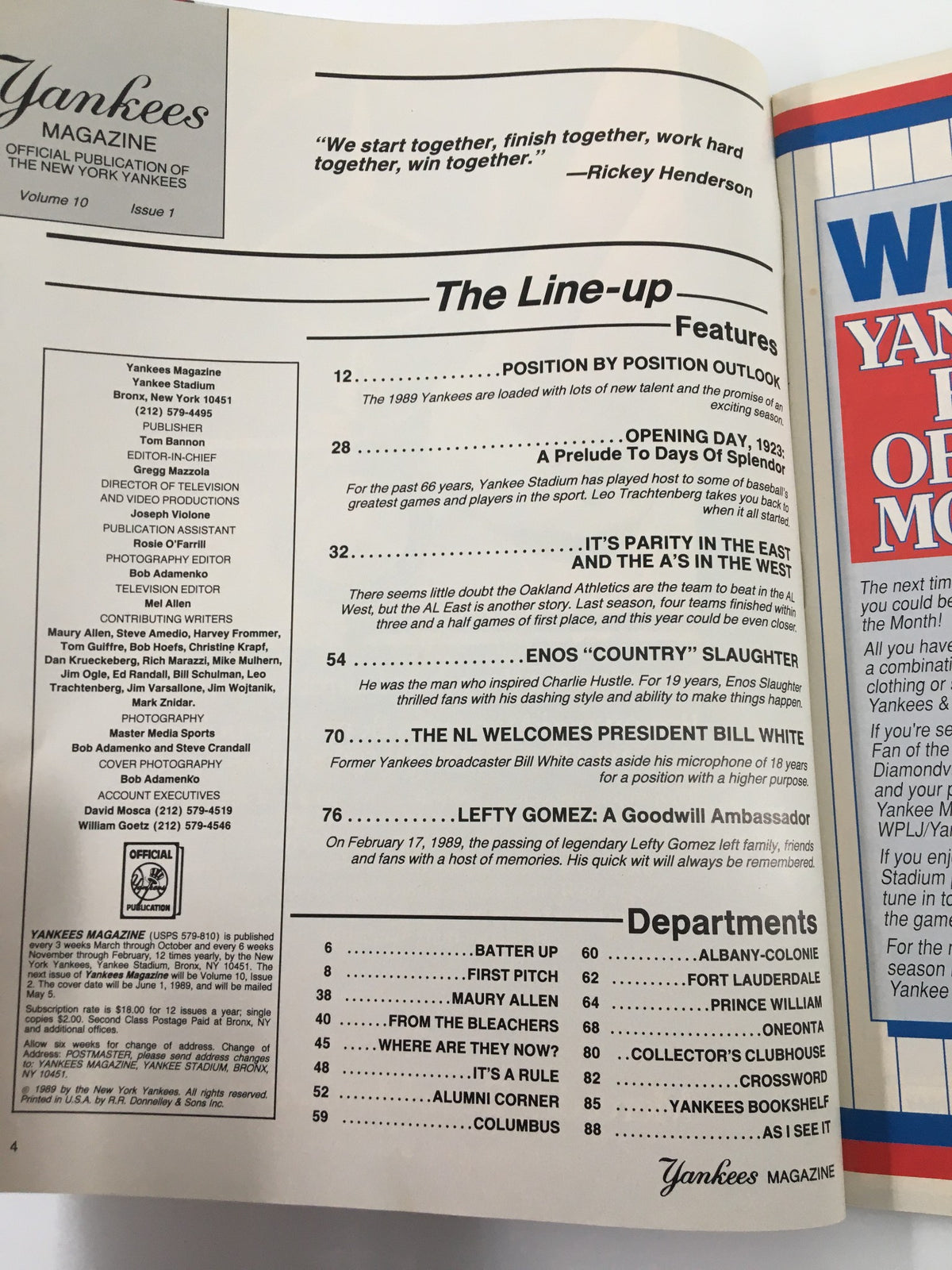 Inner page of the VTG Yankees Magazine May 4 1989 displaying the lineup features, editorial information, and a quote from Rickey Henderson.