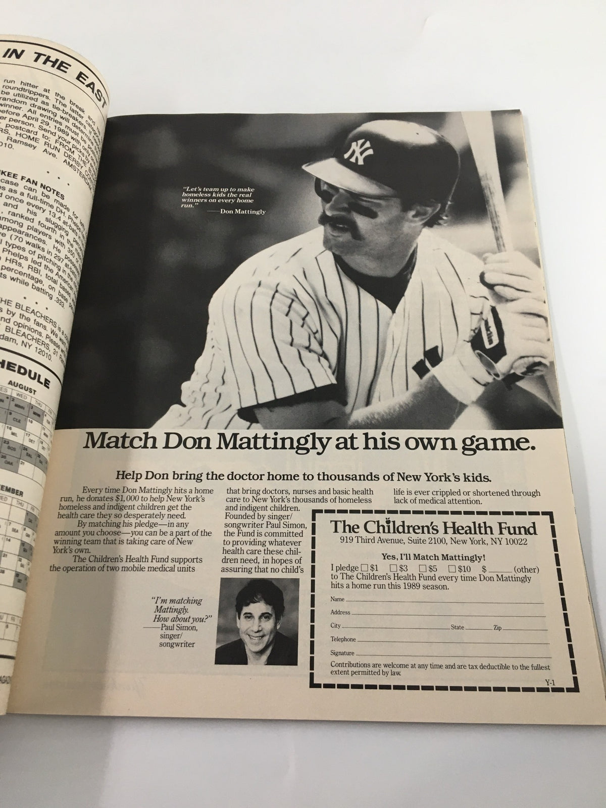 A black and white photo from the VTG Yankees Magazine May 4 1989 of Don Mattingly with a quote about supporting children's health.