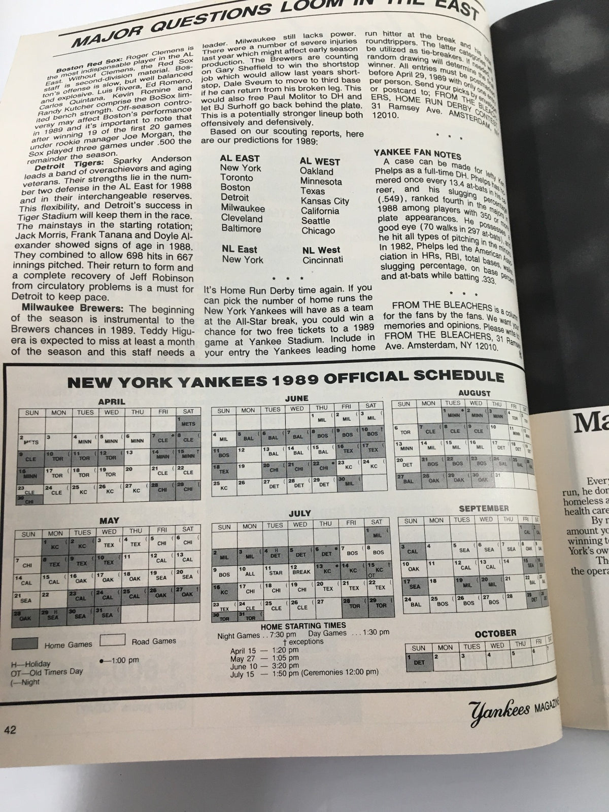 Major questions and schedule overview from the VTG Yankees Magazine May 4 1989 outlining team matchups and game days.