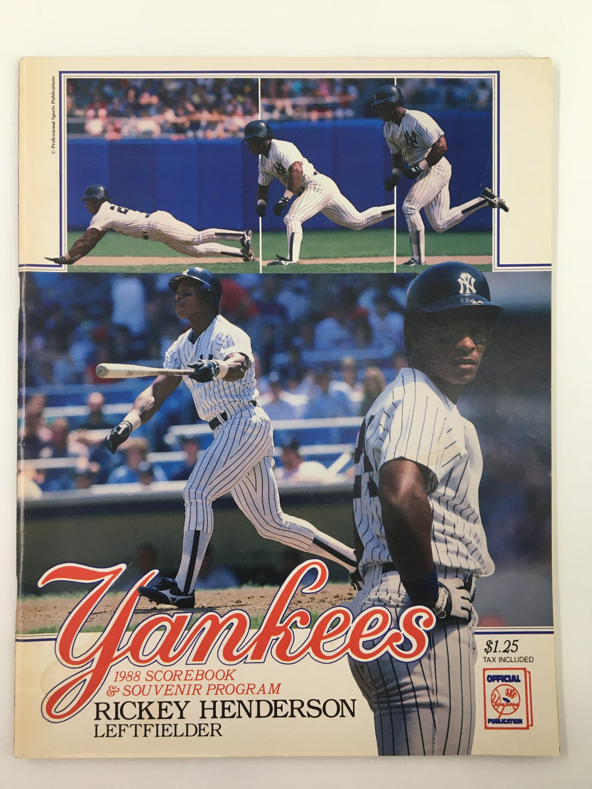1988 New York Yankees Scorebook & Souvenir Program featuring Rickey Henderson on the cover, showcasing images of him in action as a leftfielder during a game.
