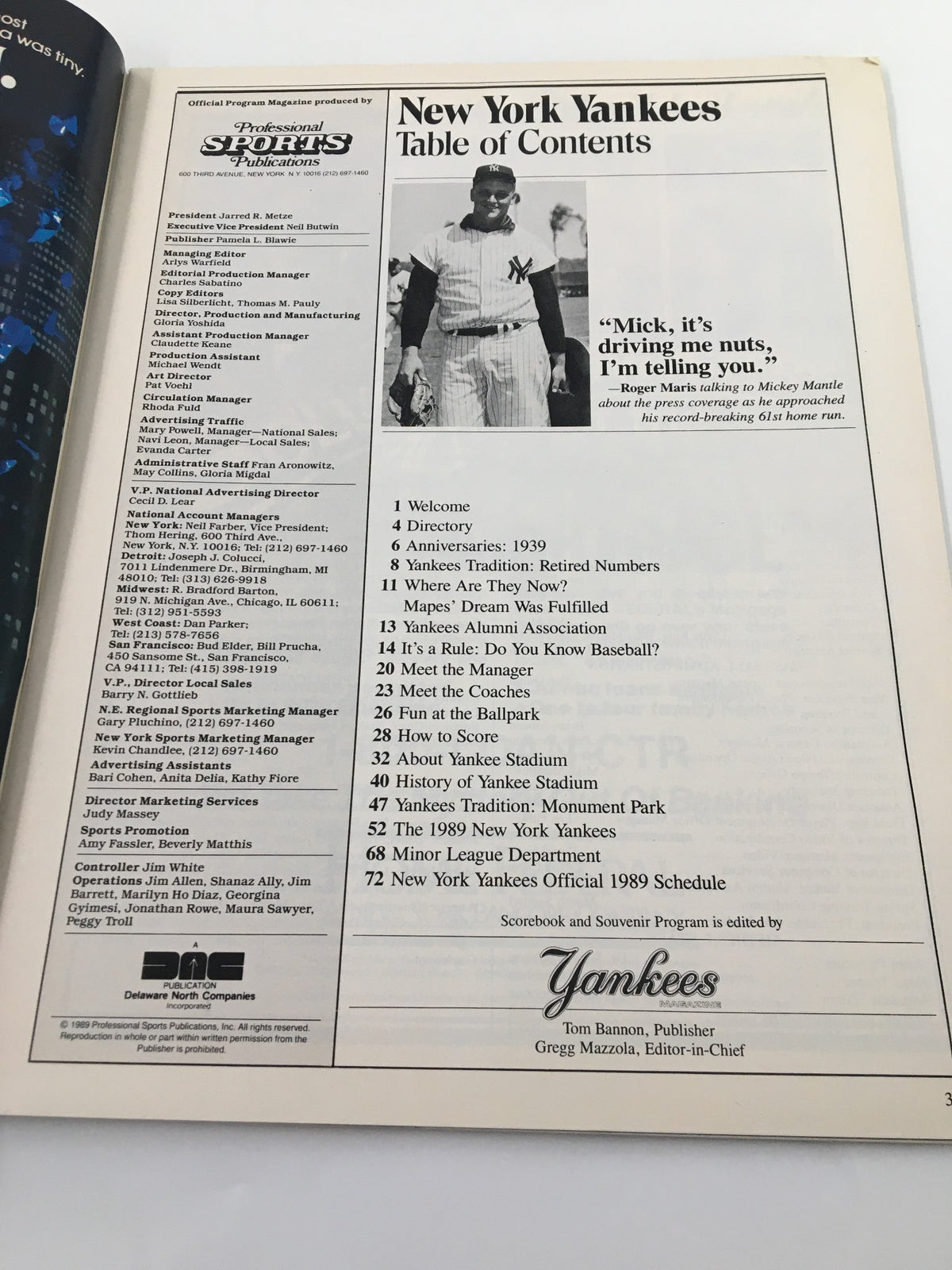 Table of Contents from the 1989 New York Yankees Scorebook & Souvenir Program, featuring a historic photo and listing of the program's sections.
