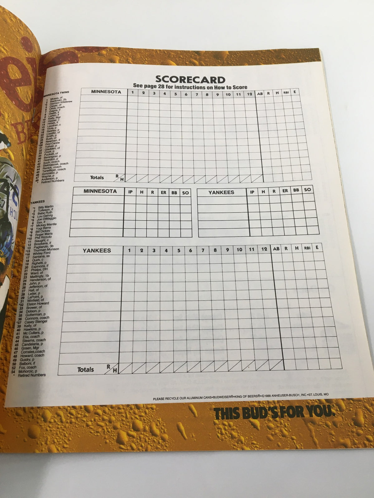 Scorecard page from the 1989 New York Yankees Scorebook & Souvenir Program featuring sections for Minnesota and Yankees statistics, a valuable collectible for baseball fans.