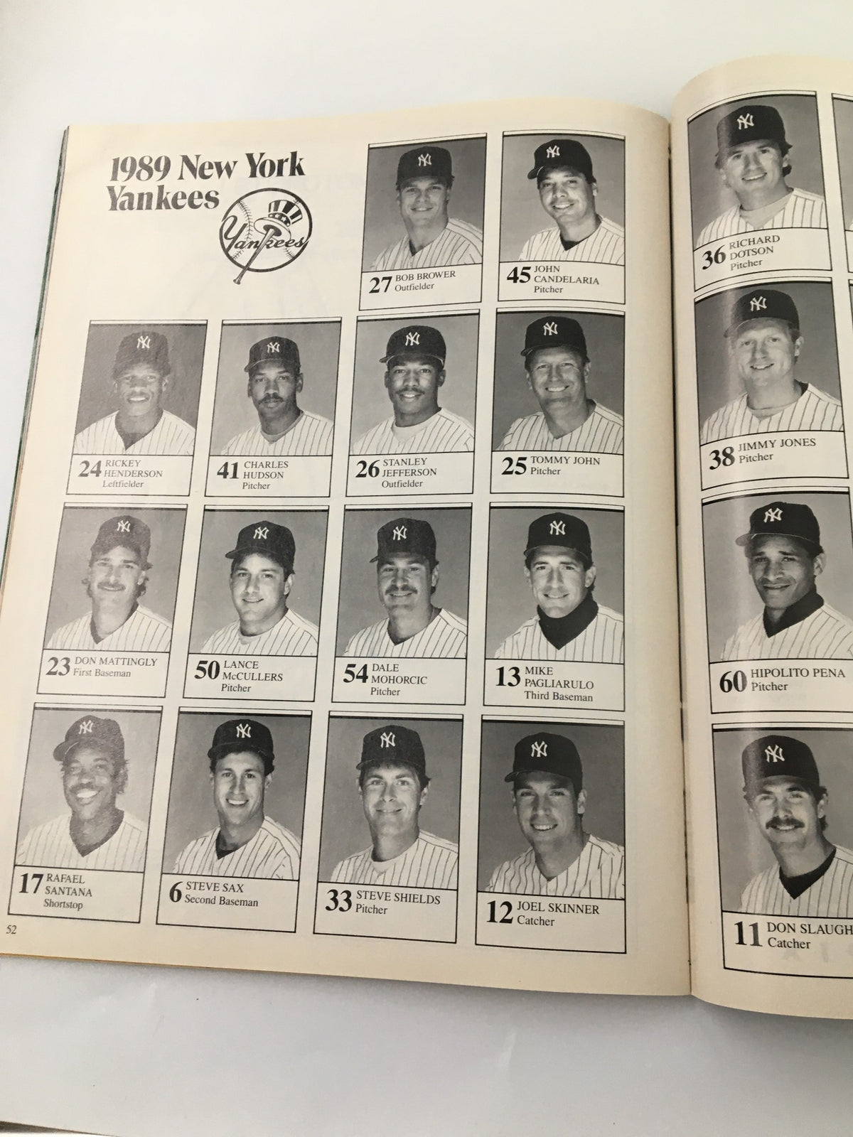 Team roster page of the 1989 New York Yankees from the Scorebook & Souvenir Program, showcasing player identities and photographs from that MLB season.
