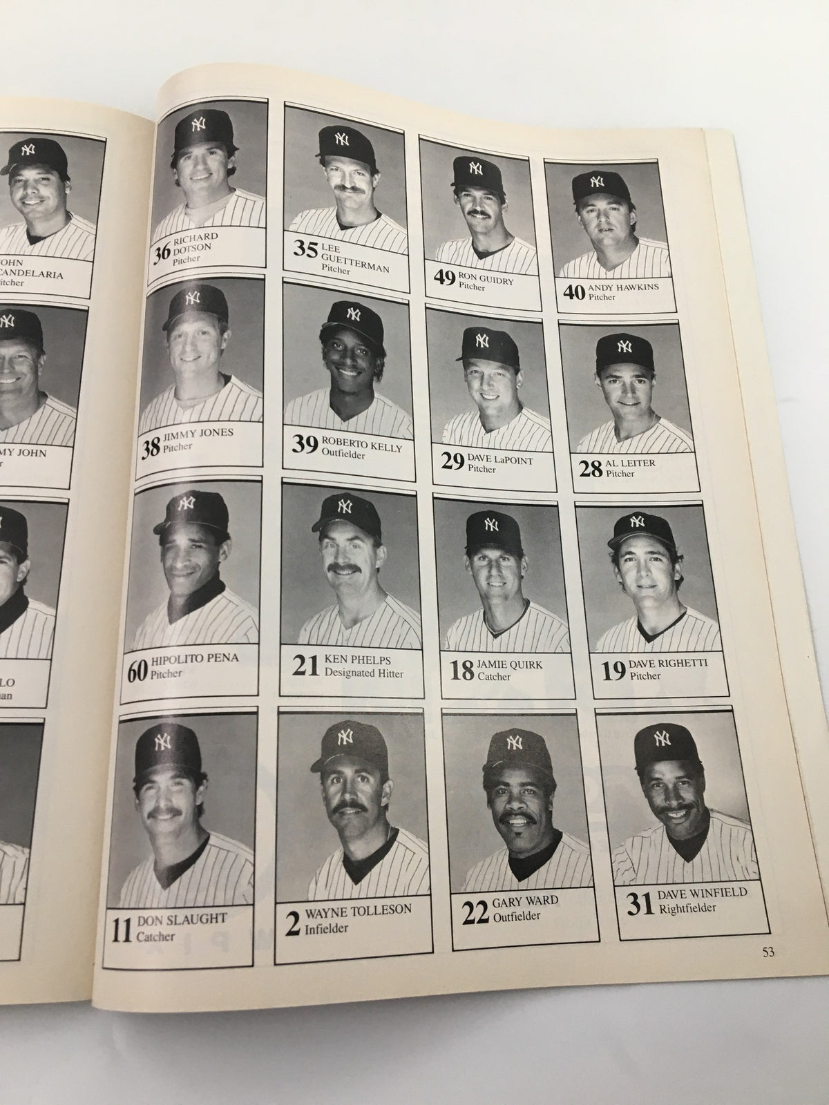Another team roster page from the 1989 New York Yankees Scorebook & Souvenir Program, detailing additional player profiles and stats.