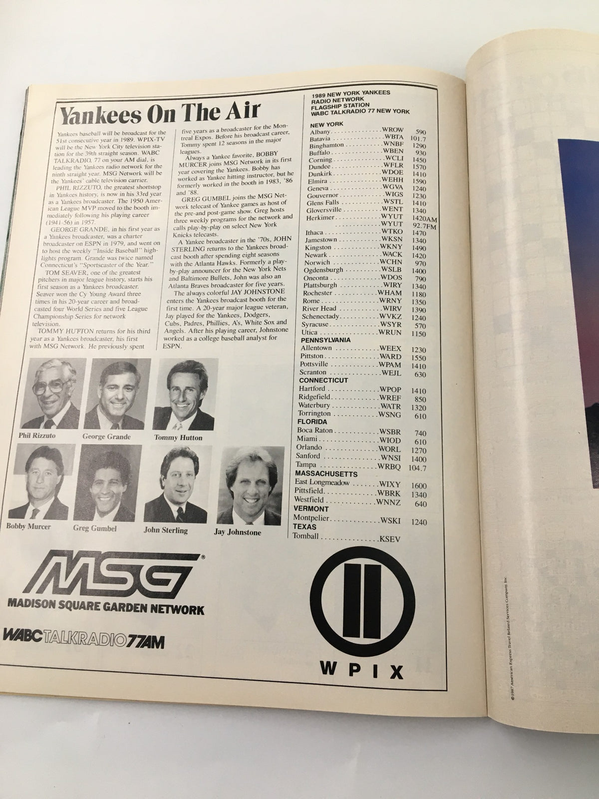 Radio broadcast information page from the 1989 New York Yankees Scorebook & Souvenir Program, listing popular broadcasters and stations airing games.