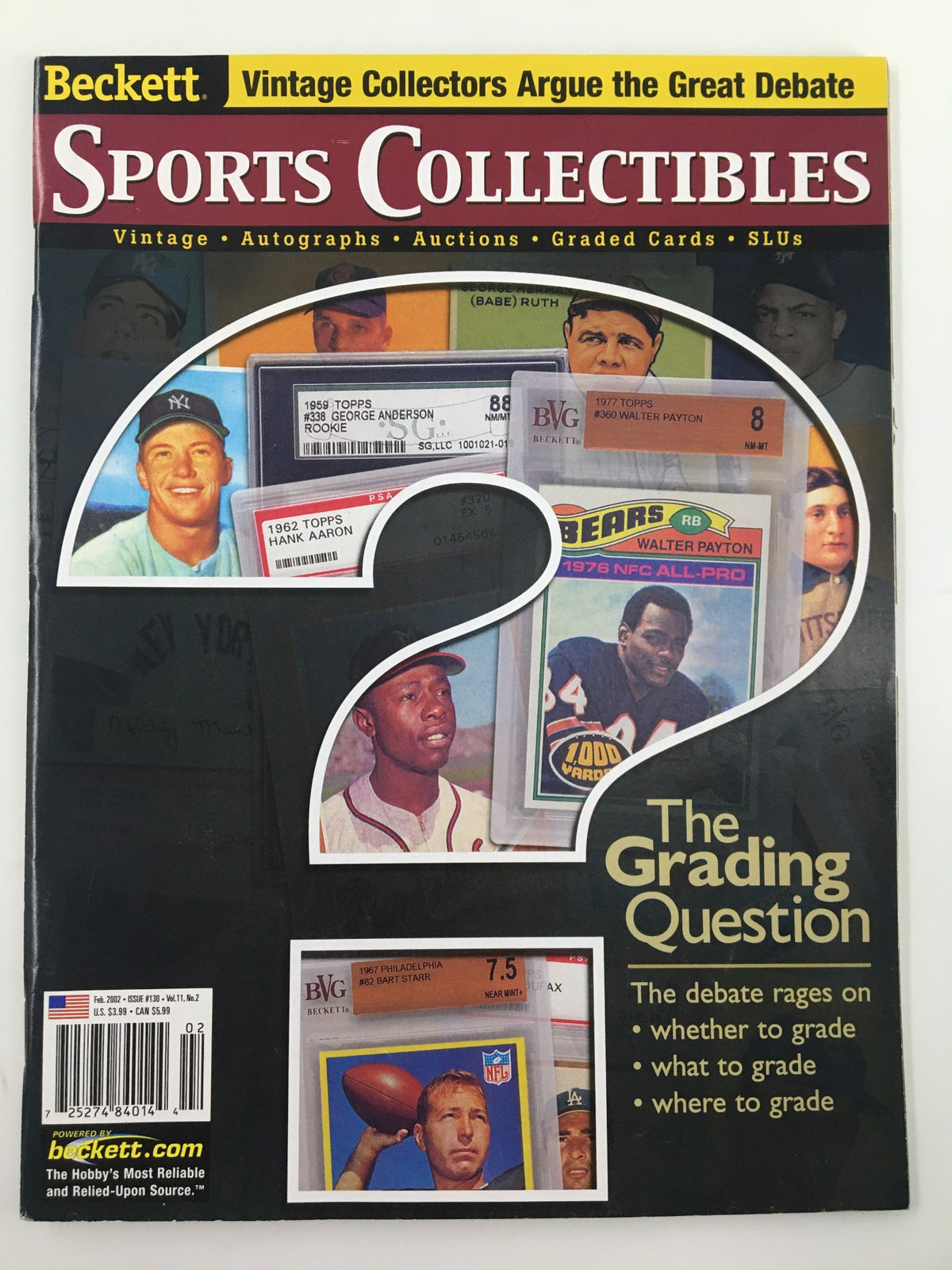 Cover of Beckett Sports Collectibles February 2002 featuring the title 'The Grading Question' with images of sports cards and prominent sports figures.