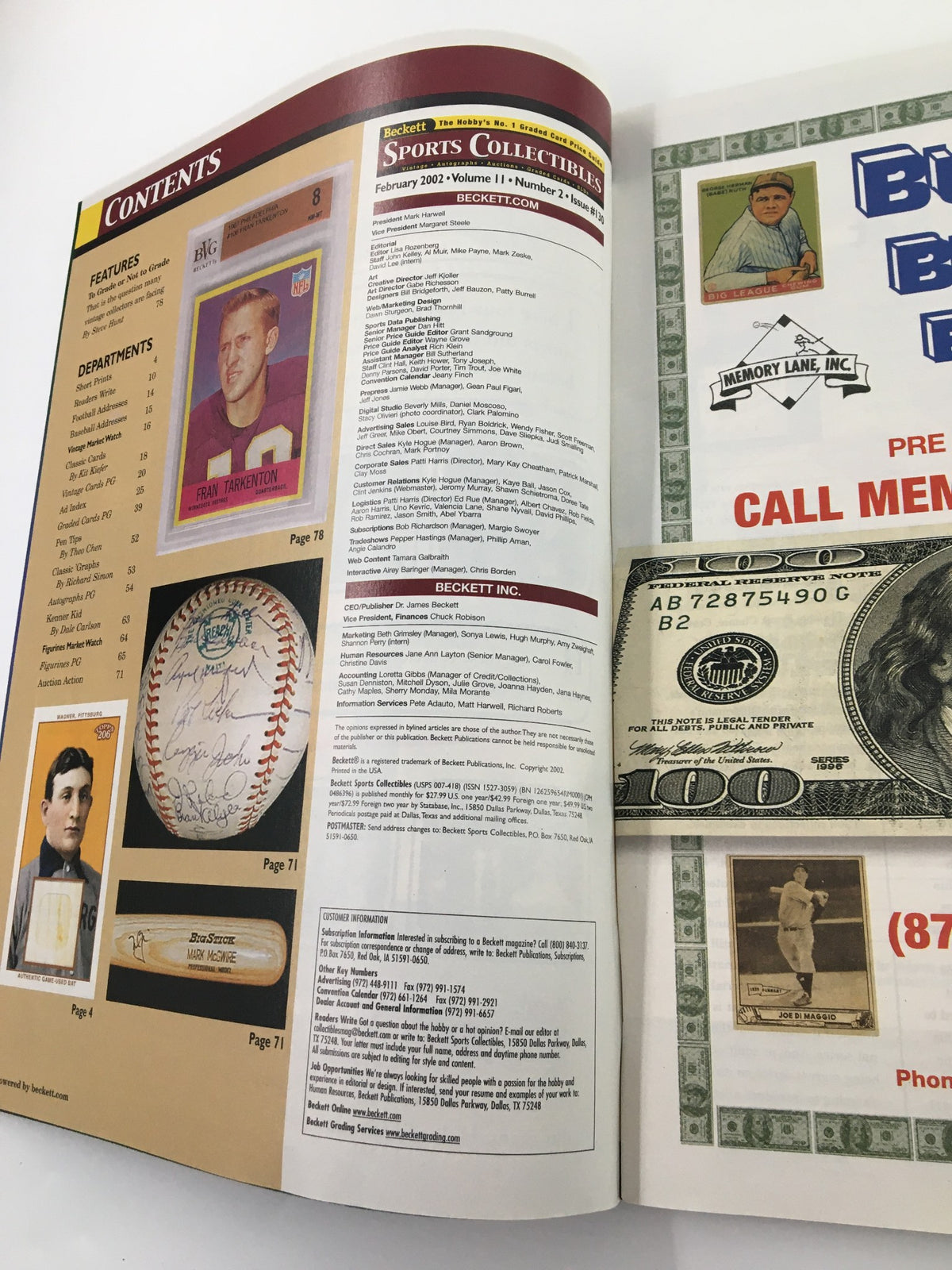 Interior page of Beckett Sports Collectibles February 2002 showing the contents, including articles and featured sports memorabilia, alongside a 100 dollar bill for scale.