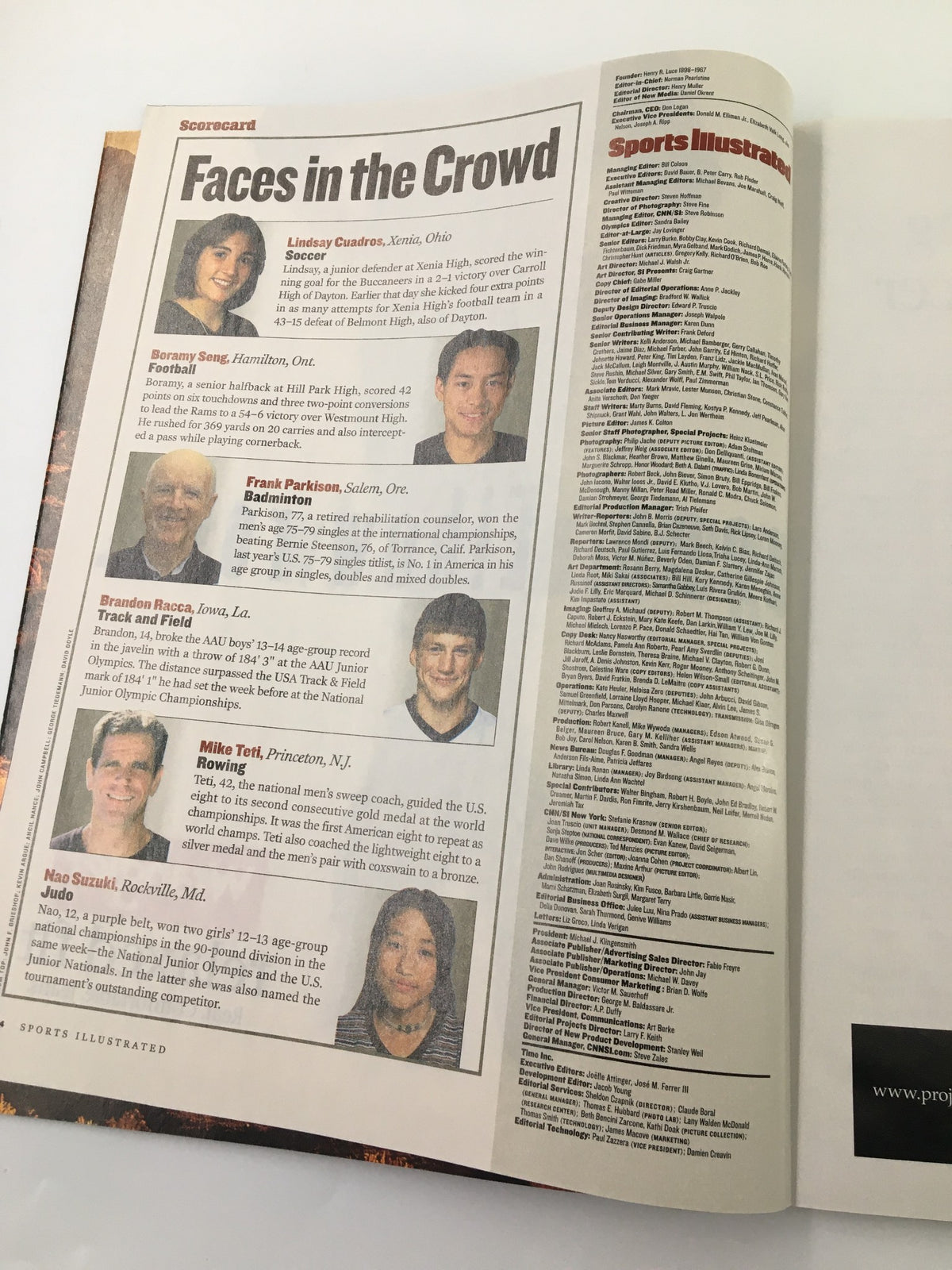 Inside page of Sports Illustrated Magazine October 12, 1998 showcasing 'Faces in the Crowd' with profiles of young athletes, celebrating exceptional sports achievements from various disciplines.