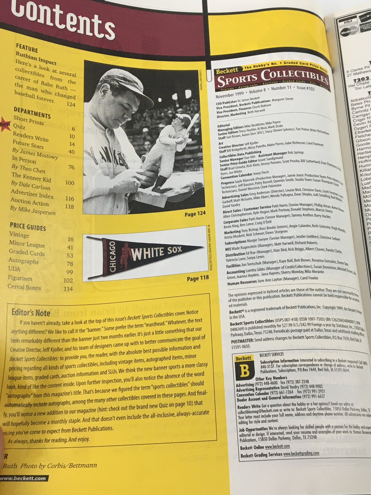 Table of contents page from Beckett Sports Collectibles November 1999 issue #103, detailing articles about Babe Ruth and sports collectibles.