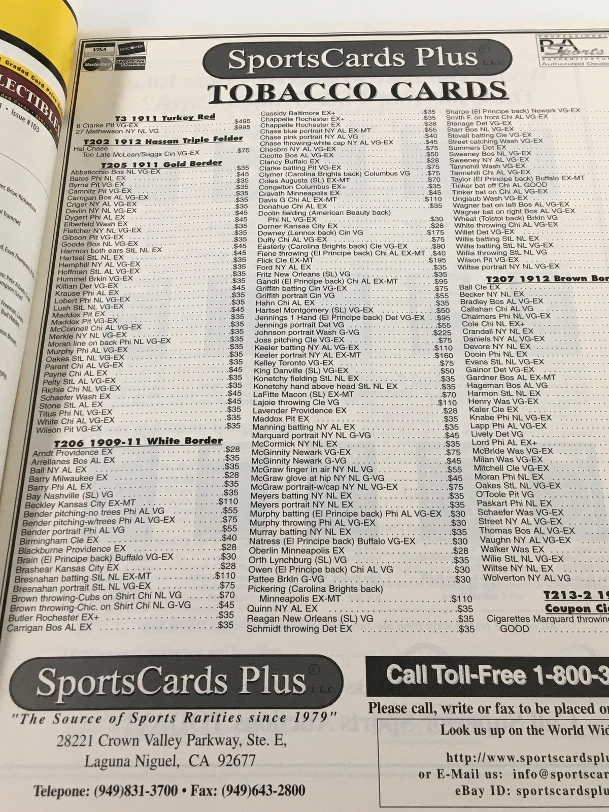 Beckett Sports Collectibles November 1999 issue #103 showcasing a listing of tobacco cards, highlighting vintage card values of renowned players.