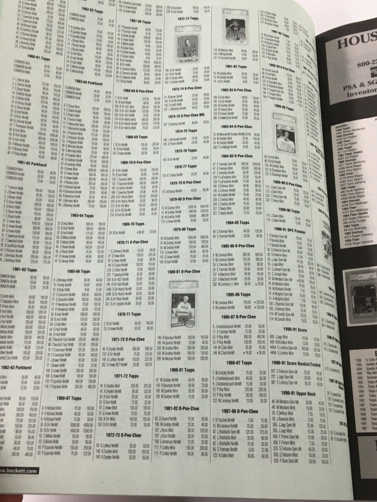 Beckett Sports Collectibles November 1999 issue #103 displaying a detailed price list for sports cards from 1960s to 1980s.
