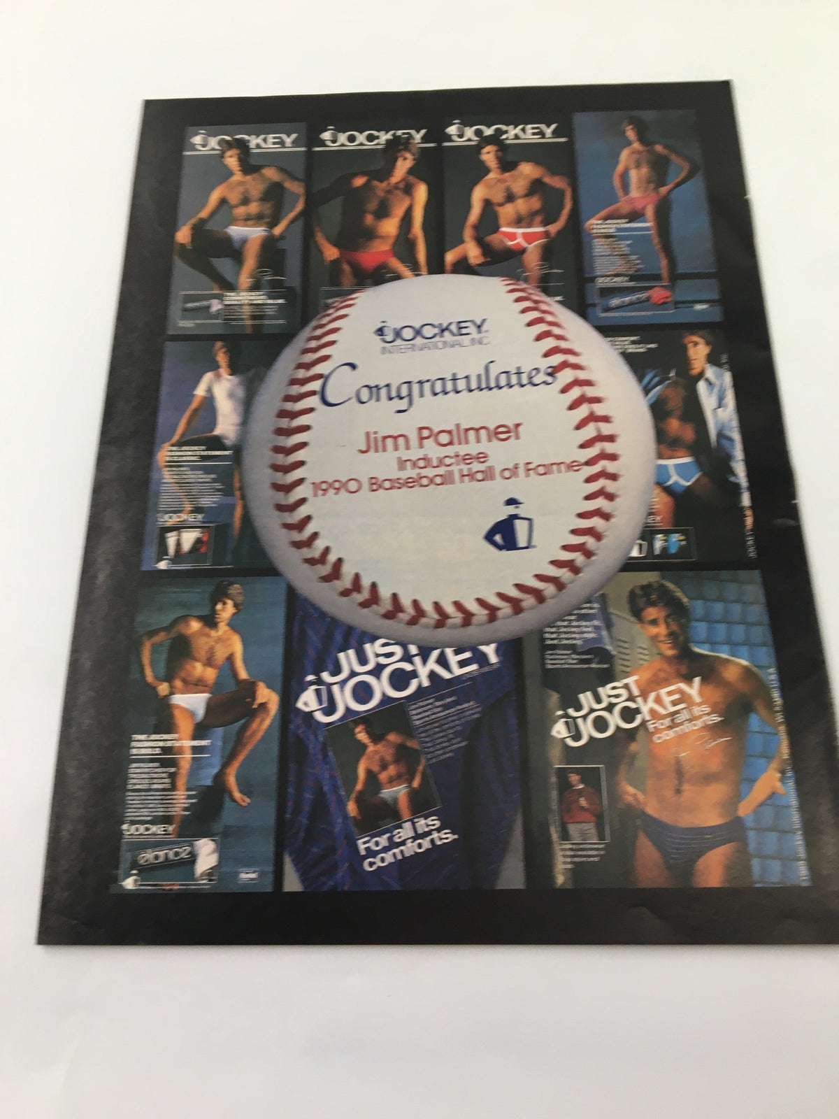 Advertisement congratulating Jim Palmer for his induction into the 1990 Baseball Hall of Fame, featuring a baseball and images of Jockey products.