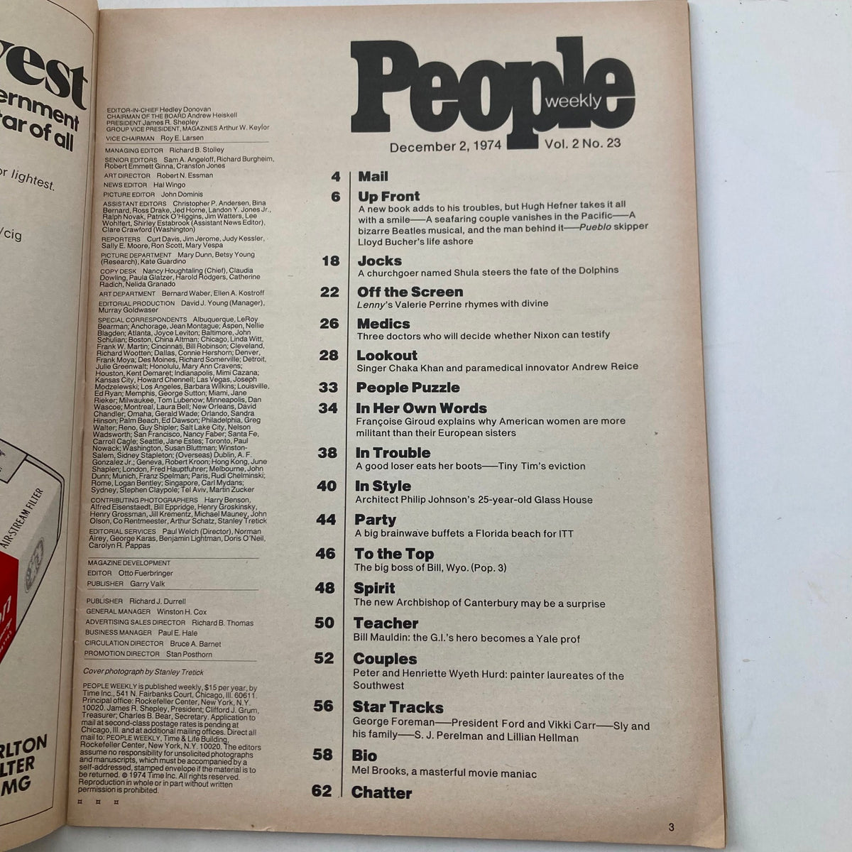 Inside view of VTG People Weekly Magazine December 2 1974, listing contents and articles including features on Hugh Hefner and pop culture topics.
