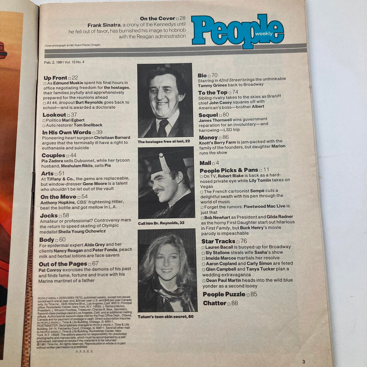 Inside page of VTG People Weekly Magazine, February 2, 1981, Vol 15 No. 4, displaying the table of contents with key highlights including Frank Sinatra and features on notable celebrities.