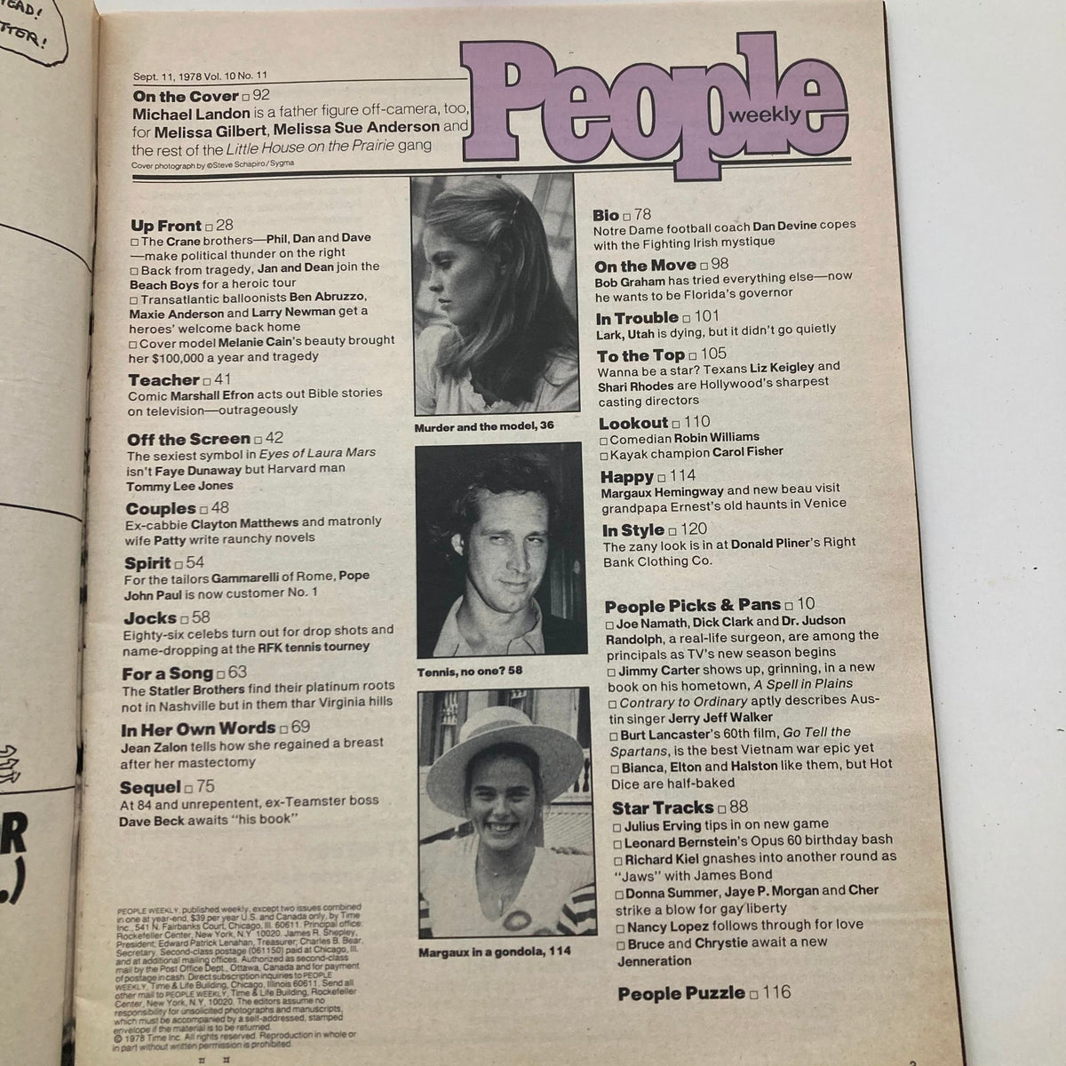 Inside page of VTG People Weekly Magazine September 11 1978 highlighting the contents including articles about television and celebrities, emphasizing Michael Landon's influence and role as a father figure.