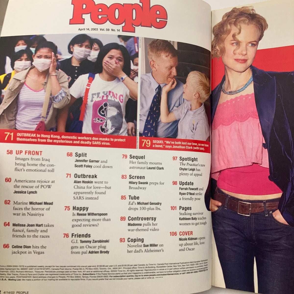 Page from People Magazine April 14 2003 Vol 59 No. 14 featuring an article on the impact of the outbreak in Hong Kong and the faces of concerned citizens.