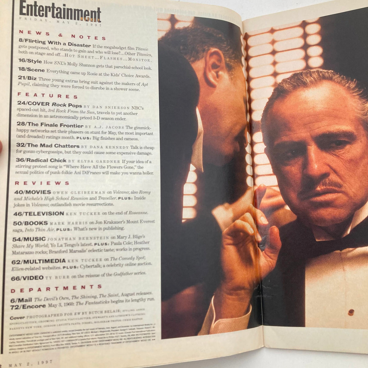 Interior page from Entertainment Weekly Magazine May 2, 1997 showcasing article list and featuring an image related to the film 'The Godfather'.