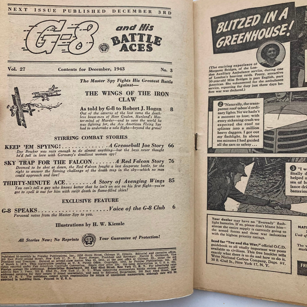 Interior page of G-8 and His Battle Aces December 1943 Vol 27 No. 3 showcasing the table of contents and highlights of stories included.