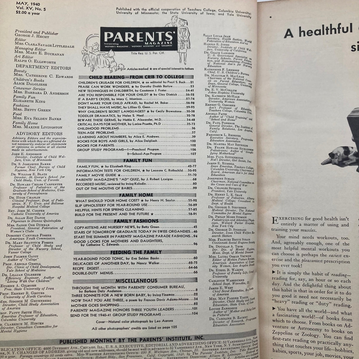Contents page of VTG Parents' Magazine May 1940 Vol 15 No. 5, listing articles related to child-rearing, family fun, and historical parenting insights.