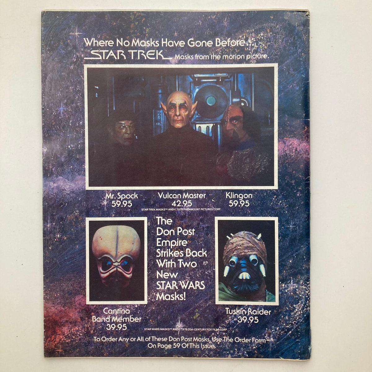 Back cover of the June 1980 Questar Science Fiction Magazine featuring advertisements for Star Trek masks and Star Wars collectibles. Highlights characters such as Mr. Spock and displays pricing for various masks.