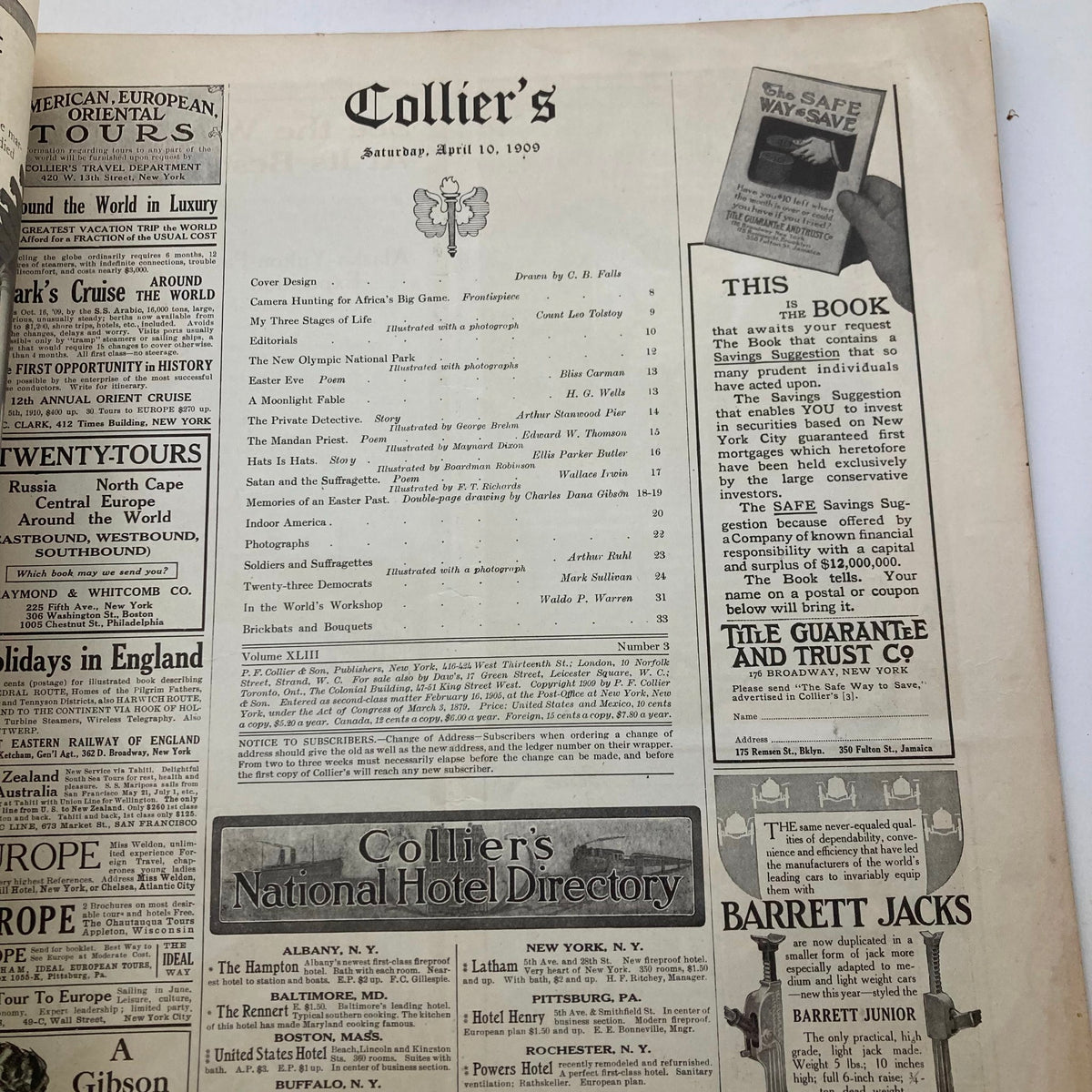 Cover page of VTG Collier's Magazine from April 10, 1909, featuring the title and table of contents, reflecting early 20th-century culture.