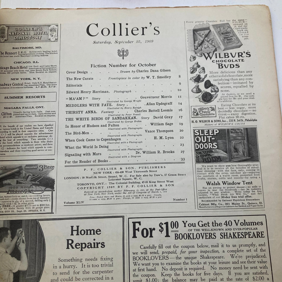 Inner page of VTG Collier's Magazine September 25 1909, showcasing the table of contents and advertisements from the early 20th century.
