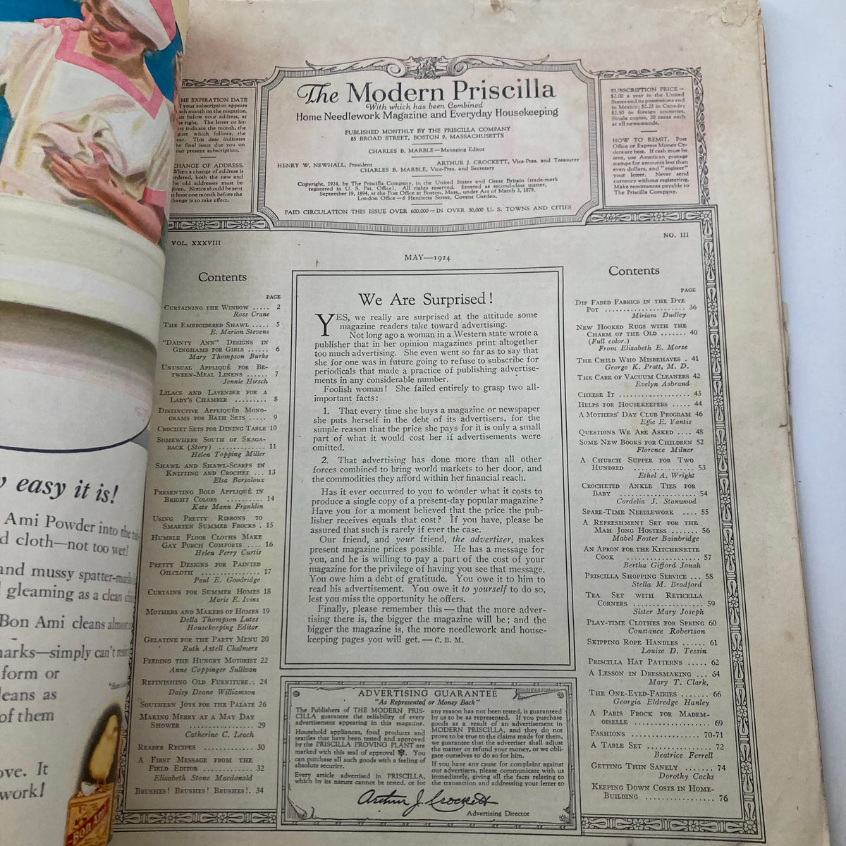 Inside contents page of VTG Modern Priscilla Magazine April 1924, detailing articles on home needlework, housekeeping, and advertisements from the era.