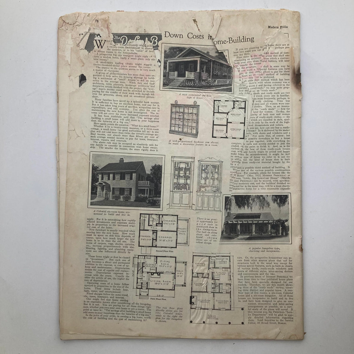 Back page of VTG Modern Priscilla Magazine April 1924, displaying articles and illustrations related to home-building designs and architecture.